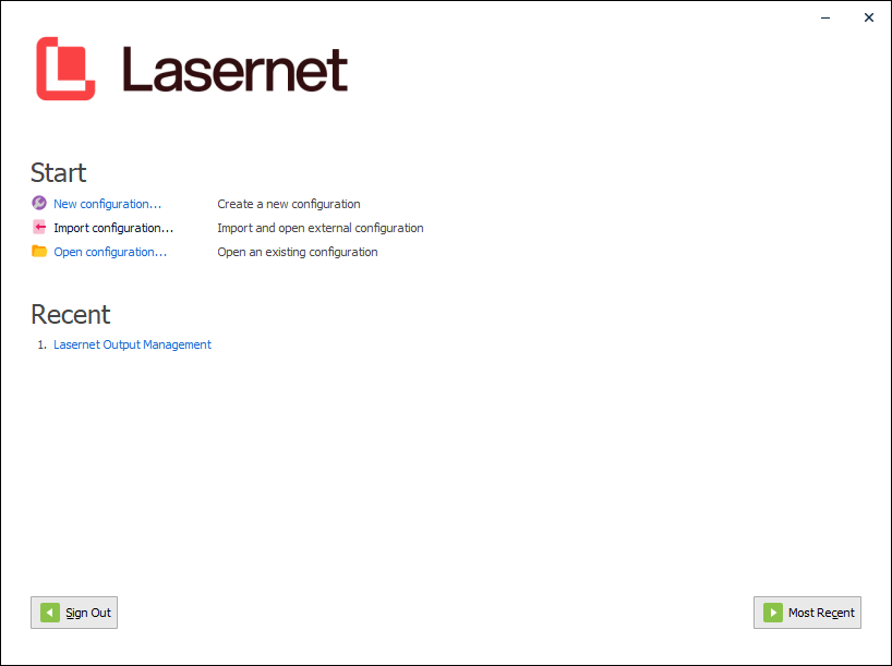 The Start window in Lasernet Core 10.13.